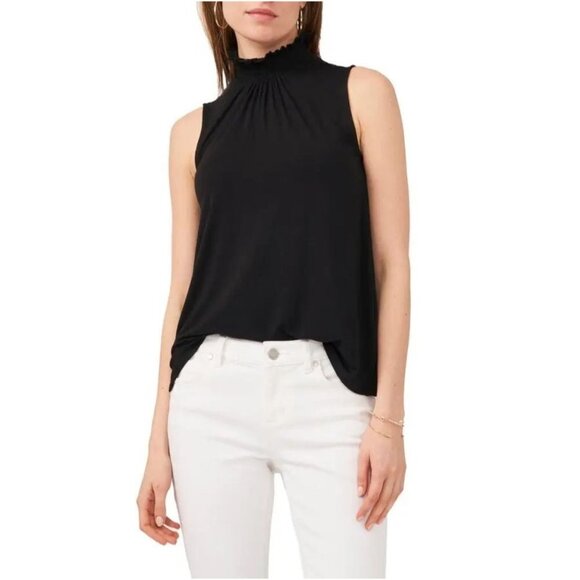 Vince Camuto True Black Smocked Ruffles Sleeveless Knit Pullover Top - Picture 2 of 7